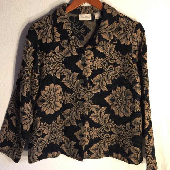 Studio Works Brocade Black Tan Floral Cropped Jacket Petite Medium Vintage - Picture 1 of 8